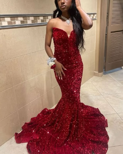 Sexy Mermaid Sweetheart Neckline Sequin Black Girl Red Evening Gown Prom Dresses SD1430