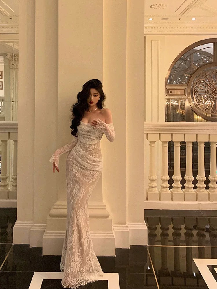 Classy Sheath Off The Shoulder White Long Sleeves Prom Dresses SD1454