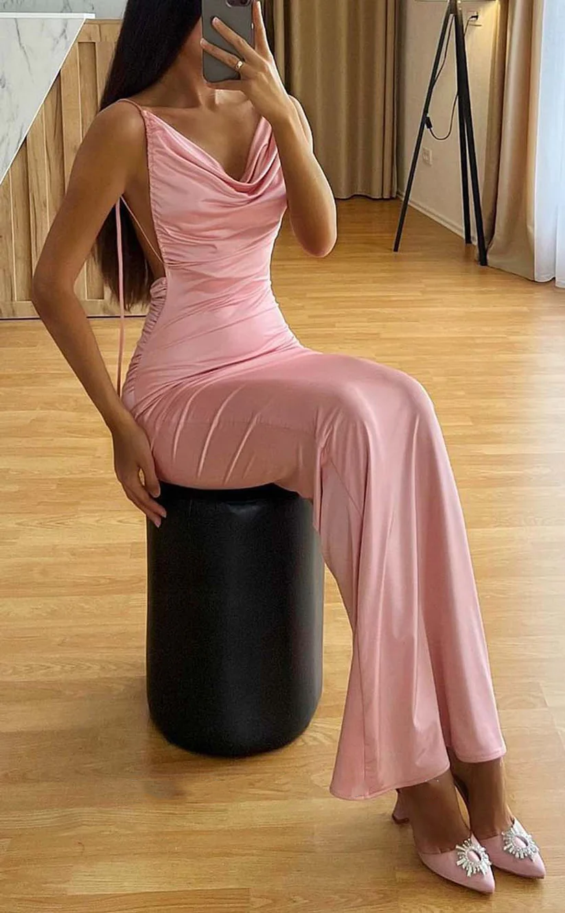 Simple Mermaid Spaghetti Straps Pink Long Prom Dresses SD1461