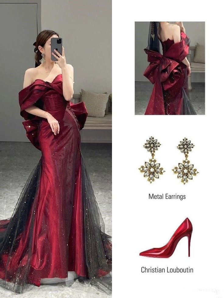 Classy Mermaid Off The Shoulder Burgundy Long Party Dress Sequin Prom Dresses SD1799