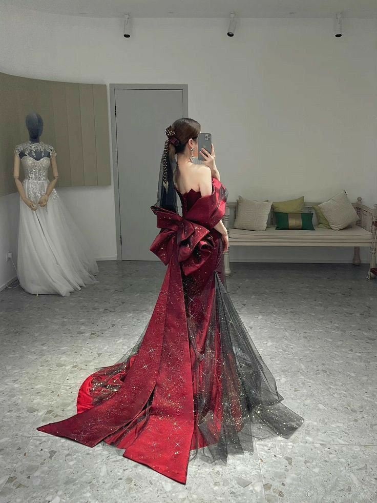 Classy Mermaid Off The Shoulder Burgundy Long Party Dress Sequin Prom Dresses SD1799