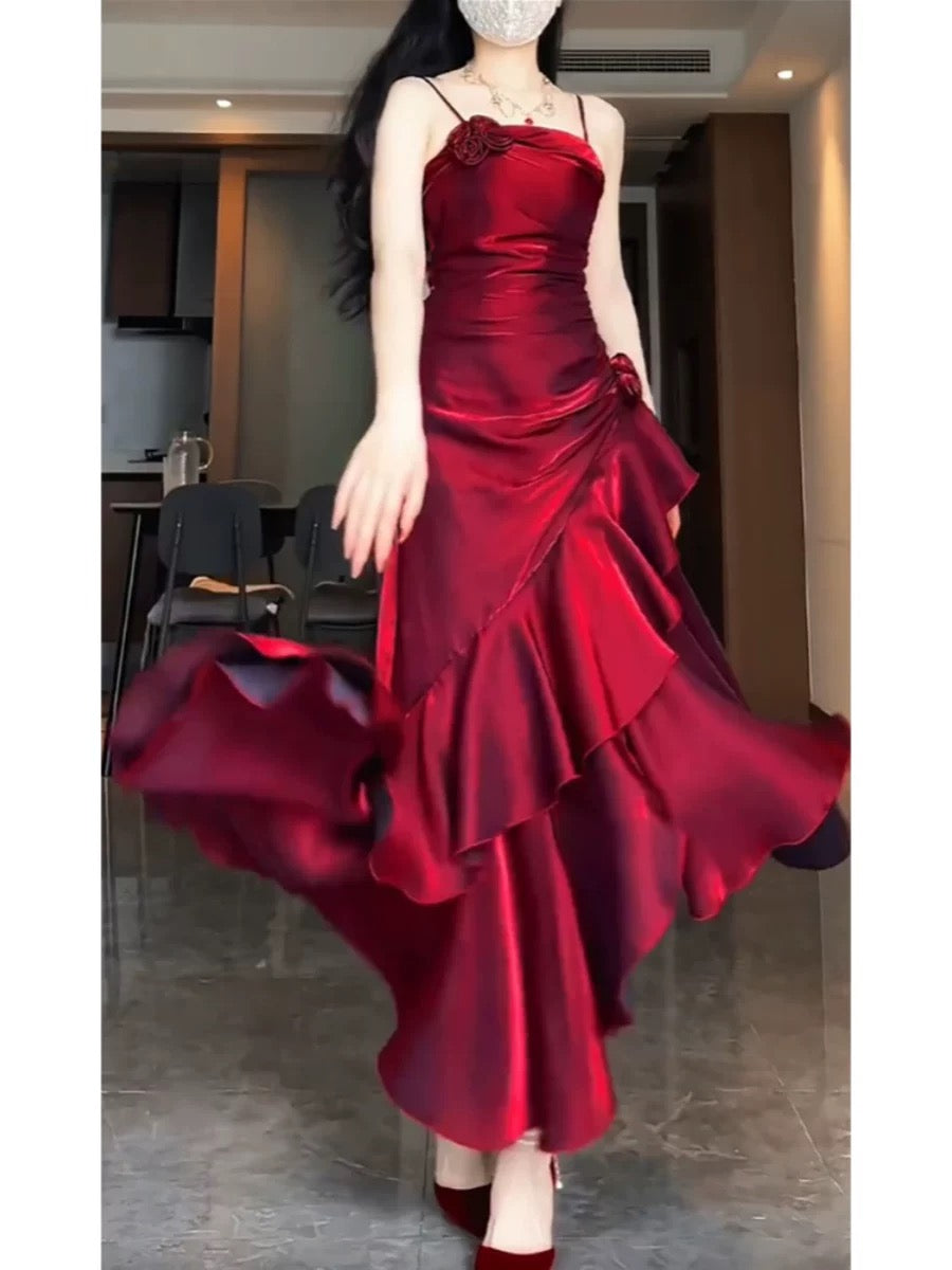 Simple Mermaid Spaghetti Straps Burgundy Party Dress Long Prom Dresses SD1465