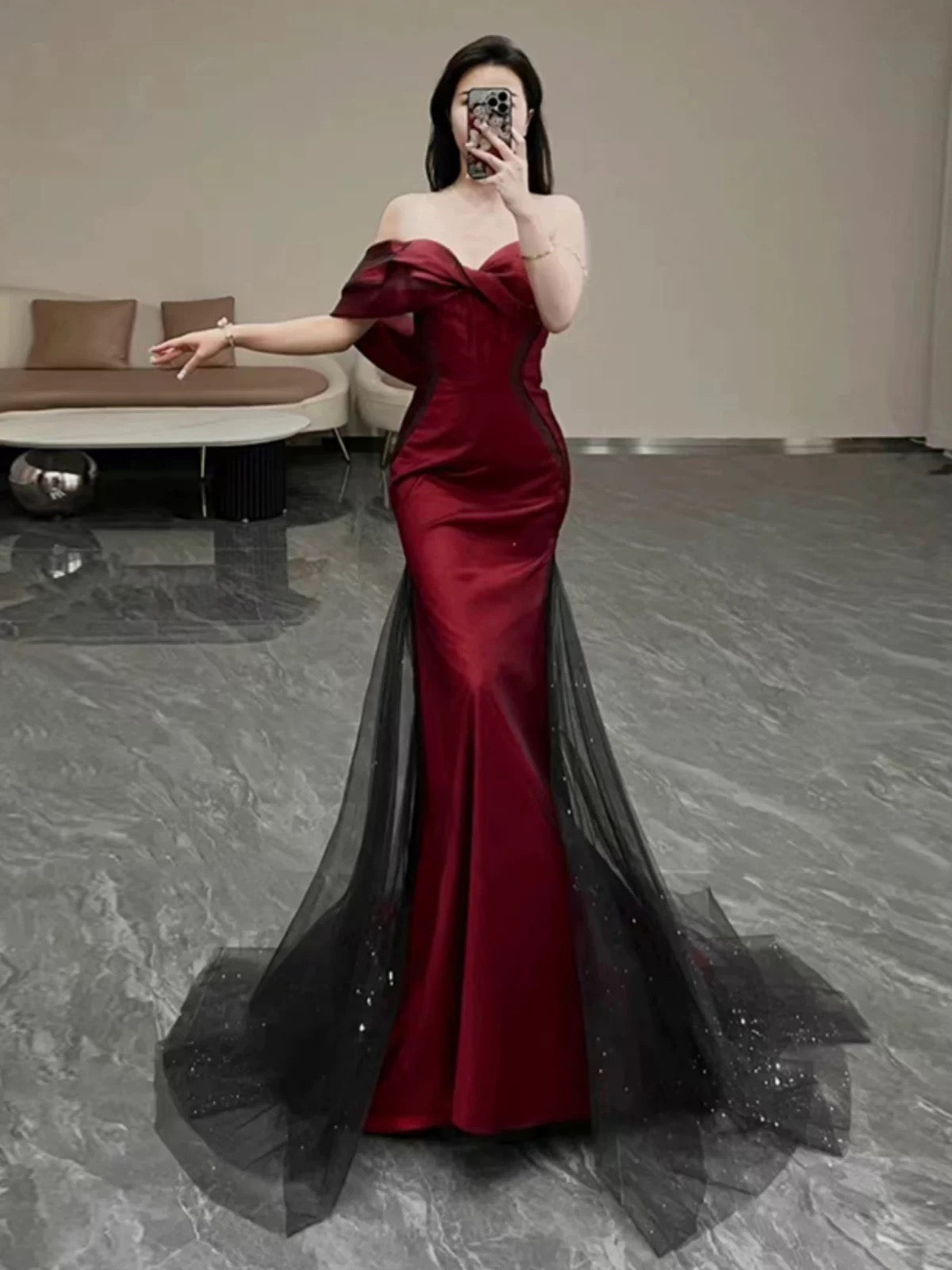 Classy Mermaid Off The Shoulder Burgundy Long Party Dress Satin Prom Dresses SD1467