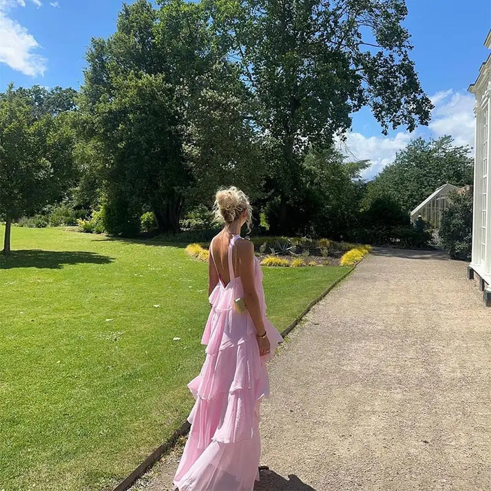 Simple A line Halter Chiffon floor-length pink prom dresses SD1480