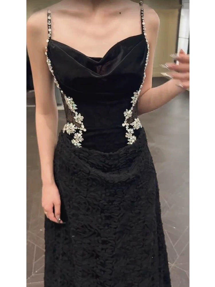 Sexy Mermaid Spaghetti Straps Black Floor Length Evening Dress Prom Dresses SD1632
