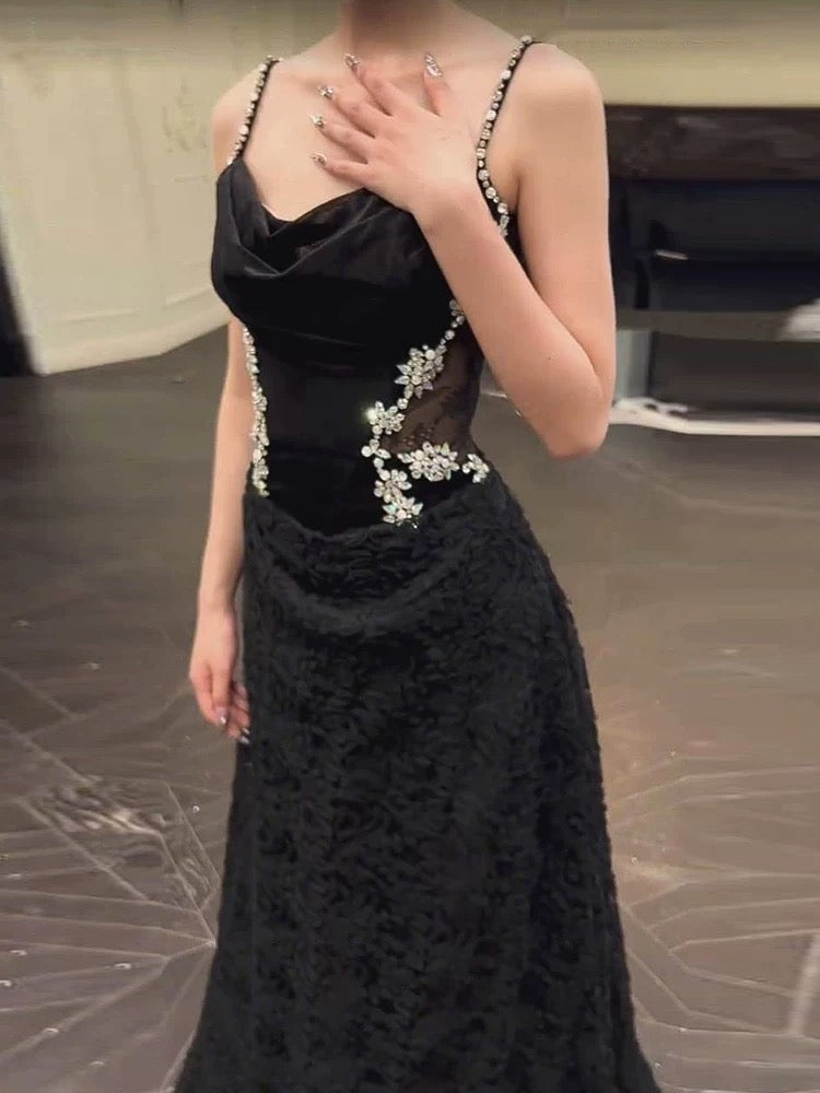 Sexy Mermaid Spaghetti Straps Black Floor Length Evening Dress Prom Dresses SD1632