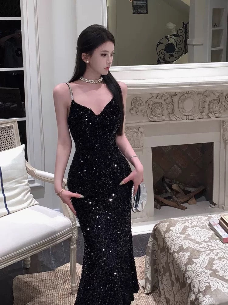 Sexy Mermaid Spaghetti Straps Black Sequin Evening Dress Prom Dresses SD1633