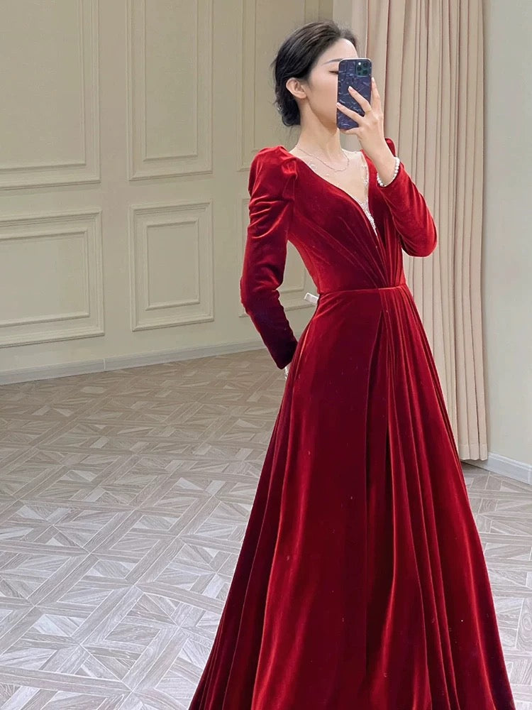 Modest A Line Long Sleeves Red Satin Evening Dress Prom Dresses SD1634