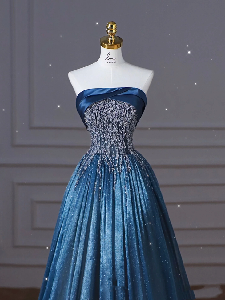 Retro Ball Gown Strapless Neckline Sequin Blue Party Dress Long Prom Dress Evening Dresses SD1754