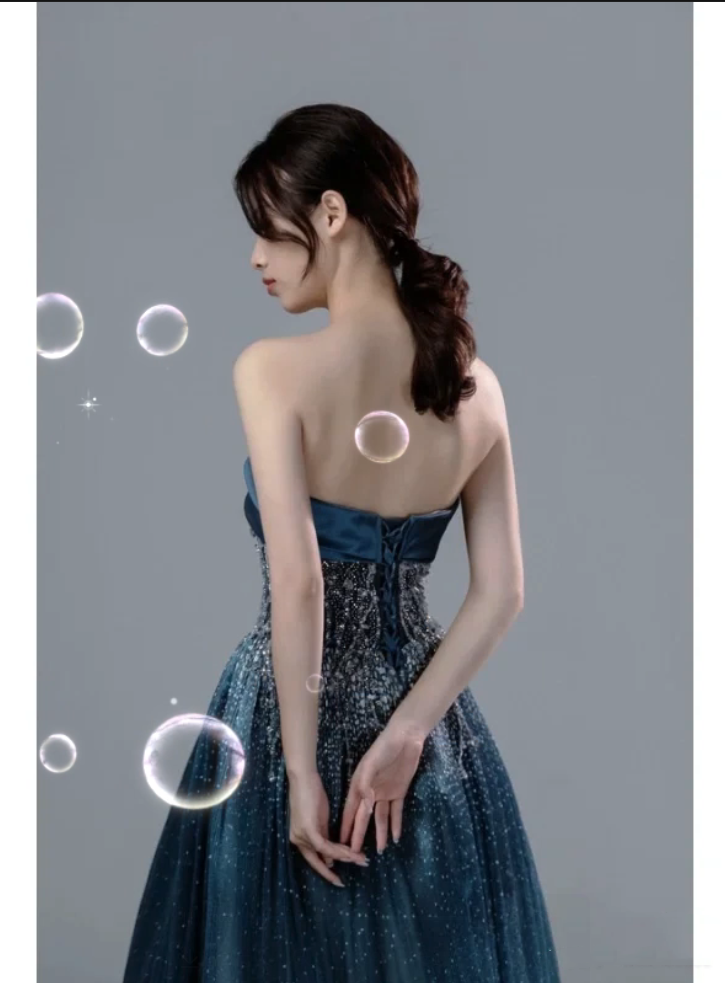 Retro Ball Gown Strapless Neckline Sequin Blue Party Dress Long Prom Dress Evening Dresses SD1754