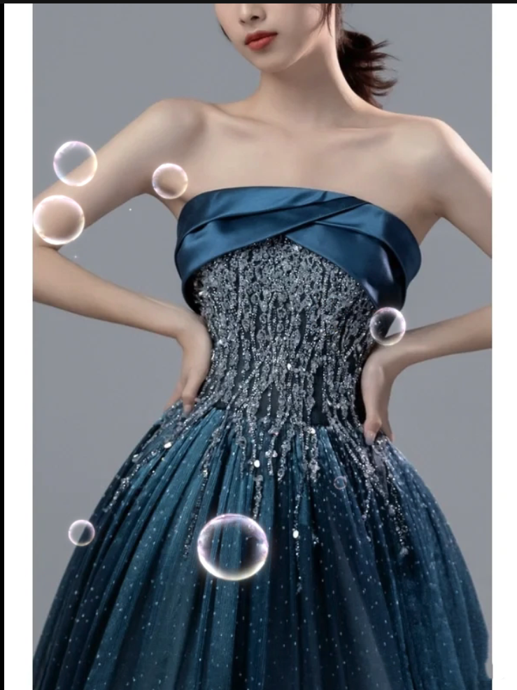 Retro Ball Gown Strapless Neckline Sequin Blue Party Dress Long Prom Dress Evening Dresses SD1754