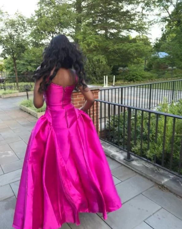 Fuchsia Spaghetti Straps A-Line Satin Long Formal Party Dress