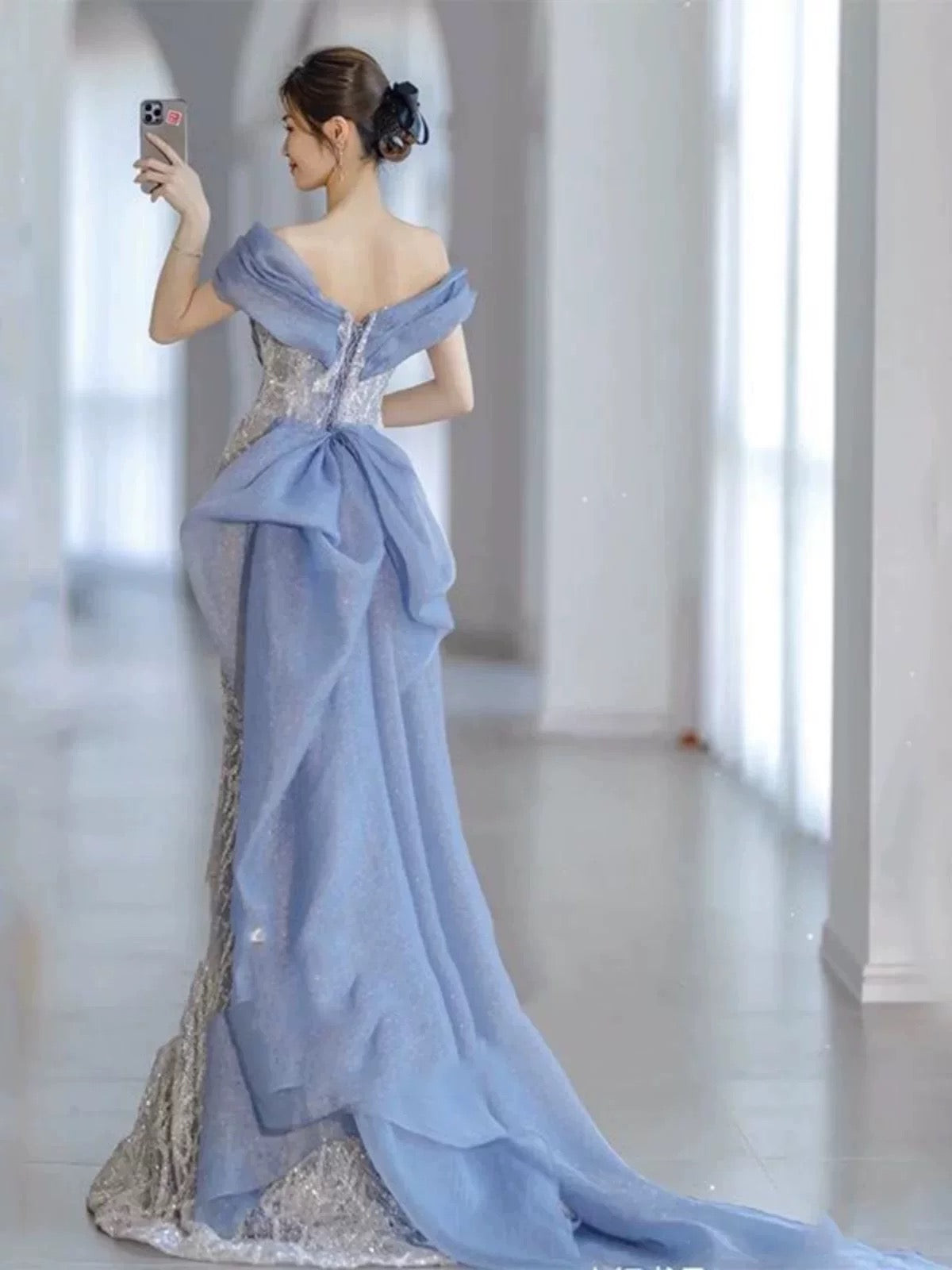 Classy Mermaid Off The Shoulder Blue Sequin Long Party Dress Prom Dresses SD1826