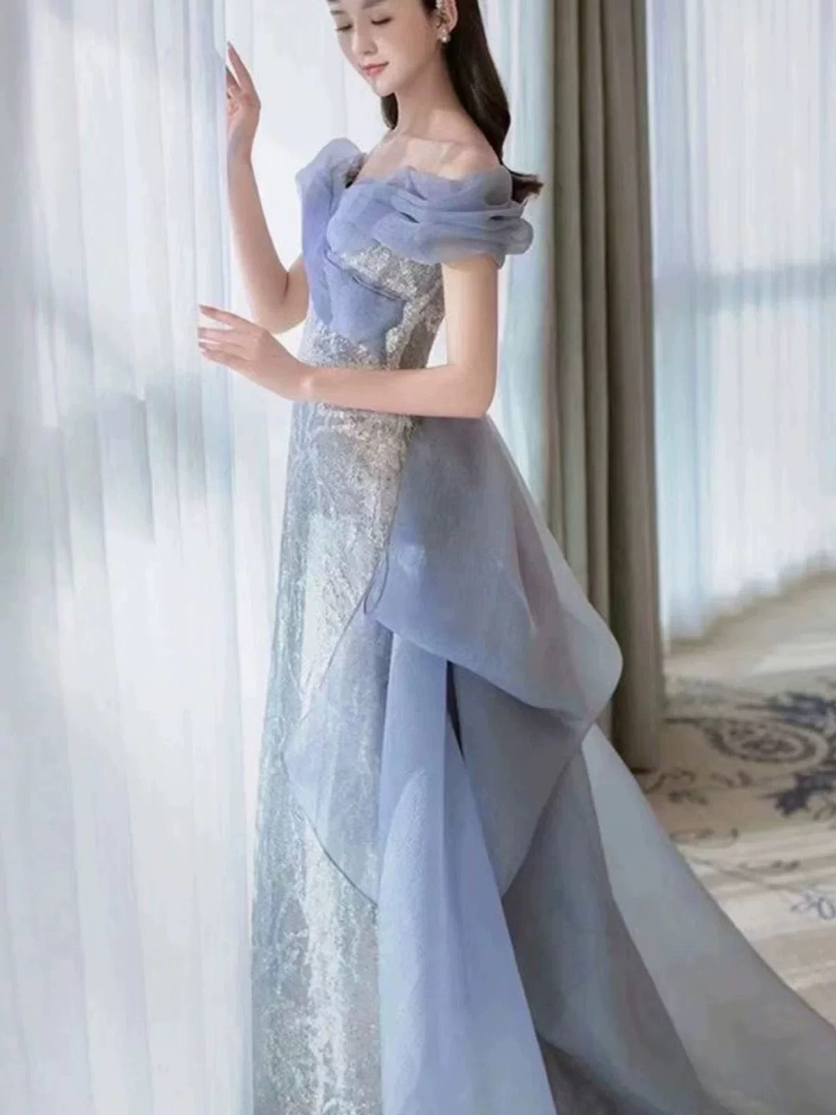 Classy Mermaid Off The Shoulder Blue Sequin Long Party Dress Prom Dresses SD1826