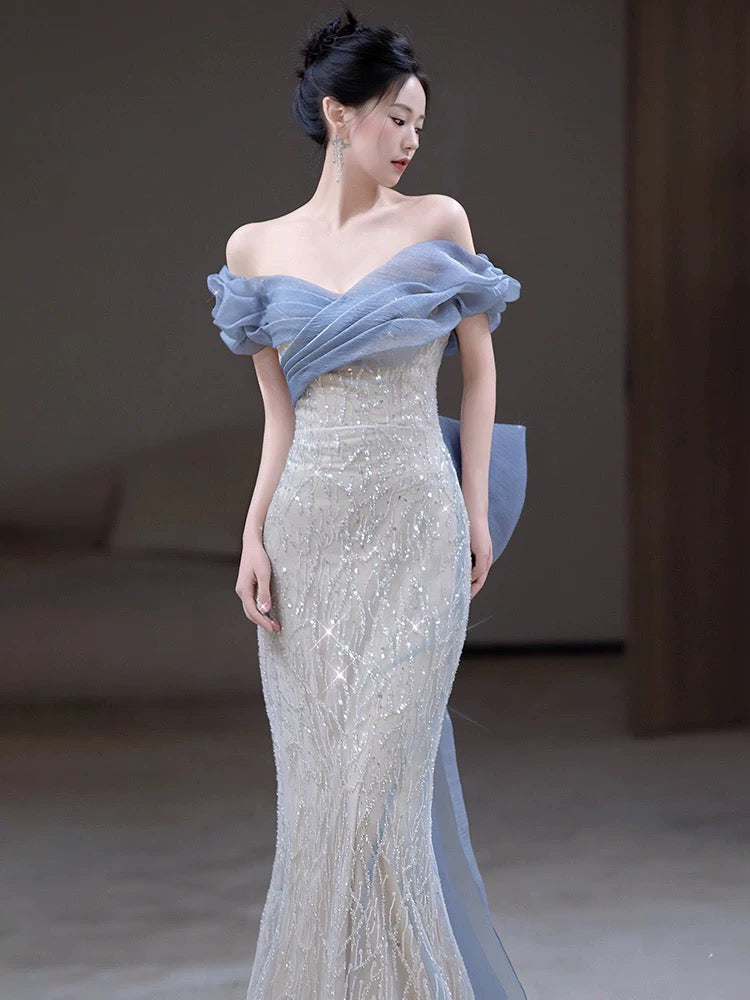 Classy Mermaid Off The Shoulder Blue Sequin Long Party Dress Prom Dresses SD1826