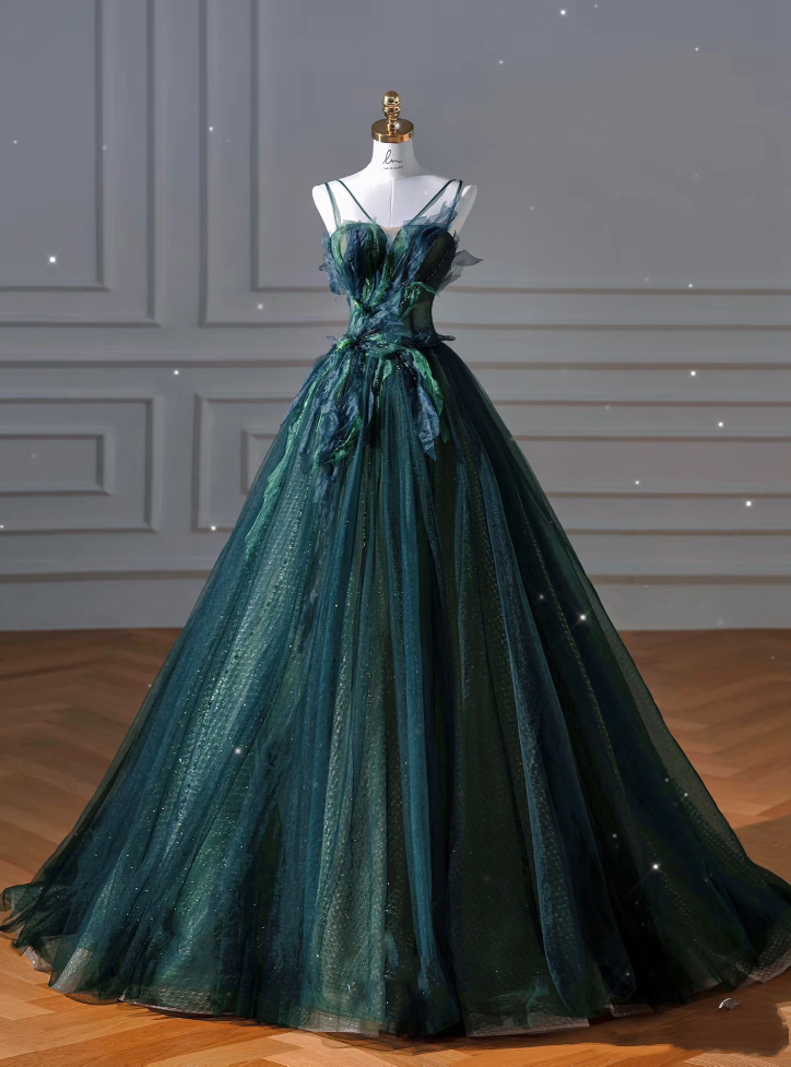 Sexy Ball Gown Strapless Green Tulle Long Evening Gowns Prom Dresses SD1830