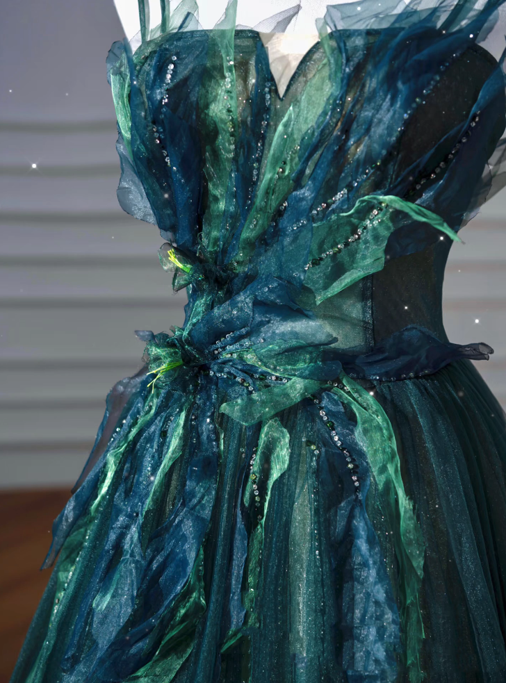 Sexy Ball Gown Strapless Green Tulle Long Evening Gowns Prom Dresses SD1830