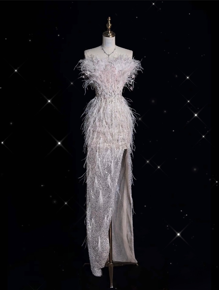 Classy Mermaid Strapless Feathers Floor Length Evening Dress Sequin Prom Dresses SD1937