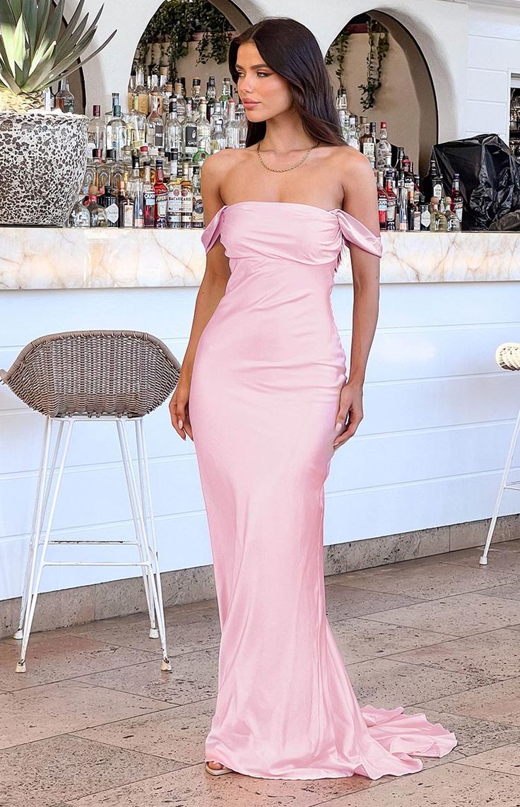 Mermaid Off The Shoulder Floor-length Satin Pink Evening Dress Prom Dresses SD2013