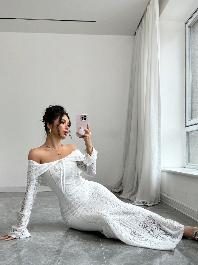 Mermaid Off The Shoulder Floor-length Lace Long Sleeves Evening Dress Prom Dresses SD2016