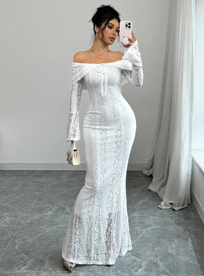 Mermaid Off The Shoulder Floor-length Lace Long Sleeves Evening Dress Prom Dresses SD2016
