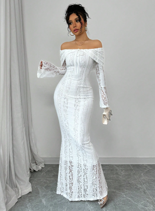Mermaid Off The Shoulder Floor-length Lace Long Sleeves Evening Dress Prom Dresses SD2016