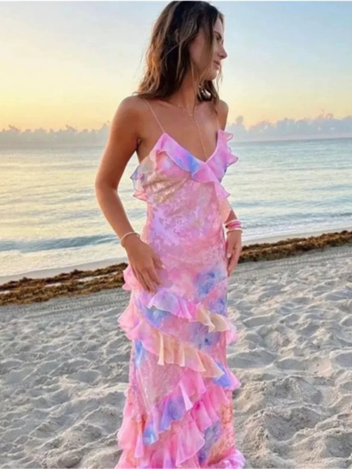 Gorgeous Mermaid Spaghetti Straps Floor Length Floral Yellow Chiffon Evening Dress Prom Dresses SD2045