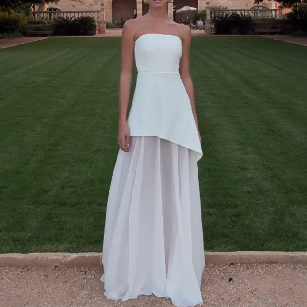 Classy A line Strapless White Chiffon Long Evening Dress Prom Dresses SD2072