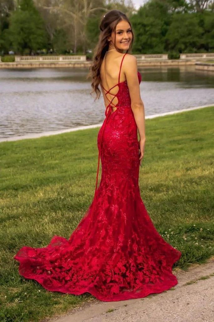 Pretty Mermaid Spaghetti Straps Burgundy Backless Prom Dresses Long Party Dress SD2270