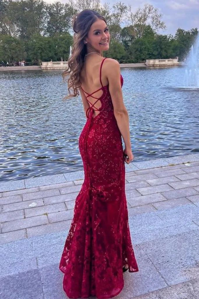 Pretty Mermaid Spaghetti Straps Burgundy Backless Prom Dresses Long Party Dress SD2270
