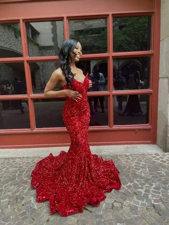 Sexy Mermaid Sweetheart Sequin Red Long Prom Dresses Party Dress SD2280