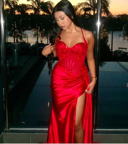 Pretty Mermaid Spaghetti Straps Slit Red Satin Prom Dresses Long Party Dress SD2283