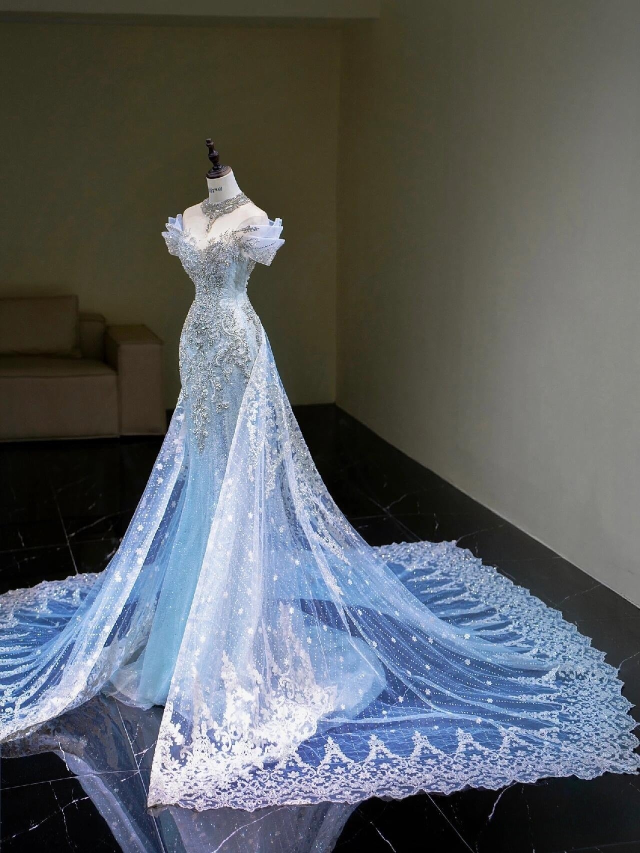 Pretty Mermaid Off The Shoulder Tulle Silver Beads Long Prom Dresses Formal Evening Dress SD2311