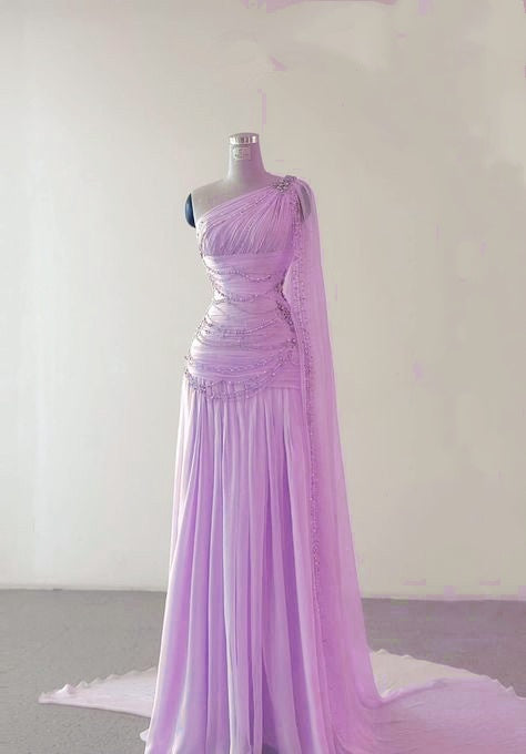 Classy A Line One Shoulder Pink Chiffon Evening Gown Prom Dresses SD1435