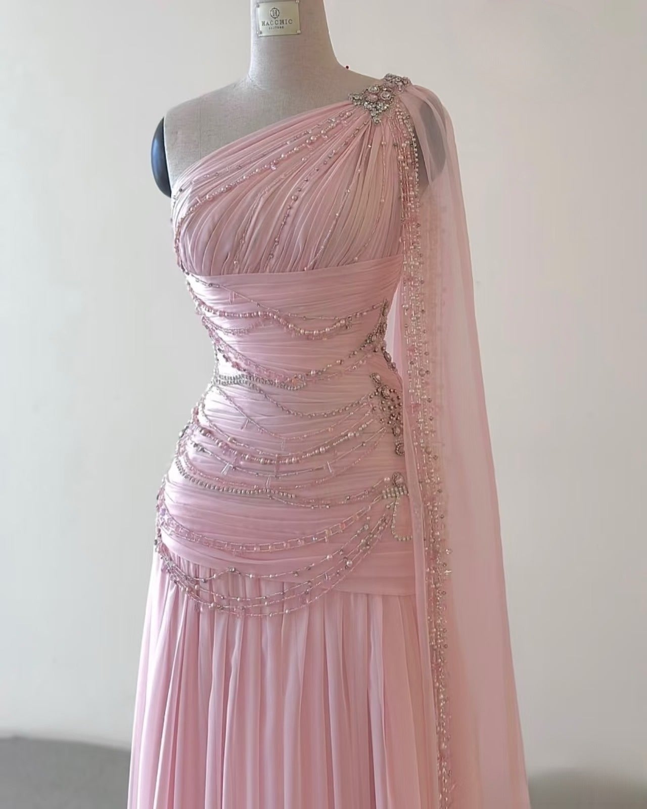Classy A Line One Shoulder Pink Chiffon Evening Gown Prom Dresses SD1435