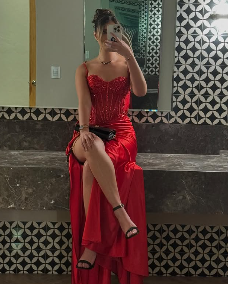 Pretty Mermaid Spaghetti Straps Slit Red Satin Prom Dresses Long Party Dress SD2386