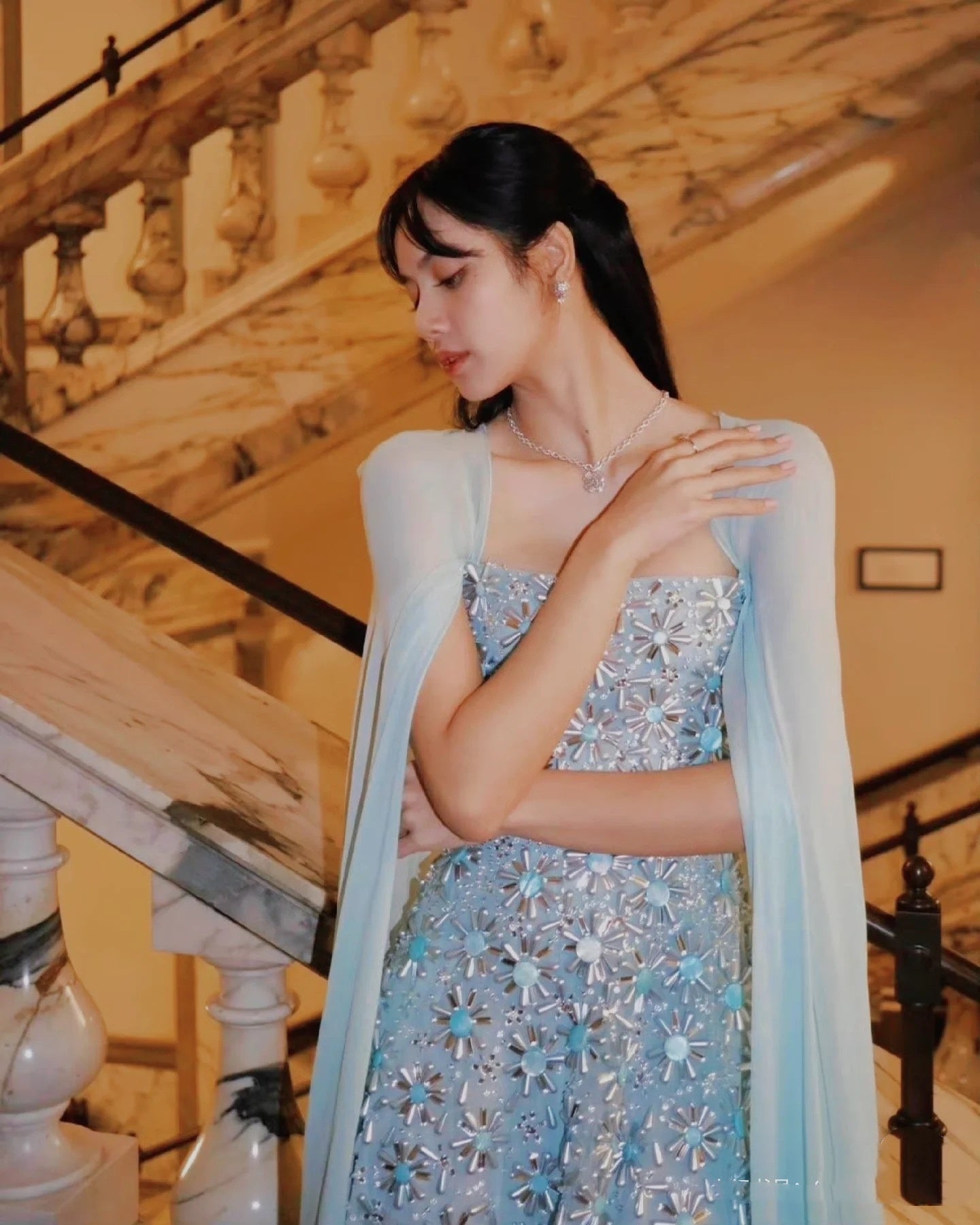 Classy A line Strapless Sleeveless Chiffon Light Sky Blue Long Prom Dresses SD2397