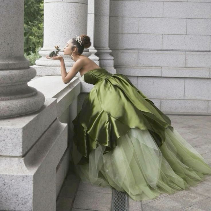 Pretty Ball Gown Strapless Olive Green Long Satin Prom Dresses Formal Evening Dress SD2404