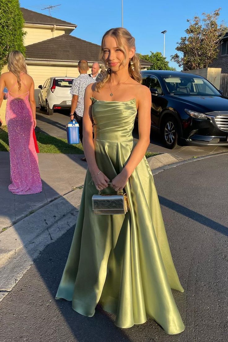 Pretty A Line Strapless Green Long Satin Prom Dresses Formal Evening Dress SD2406