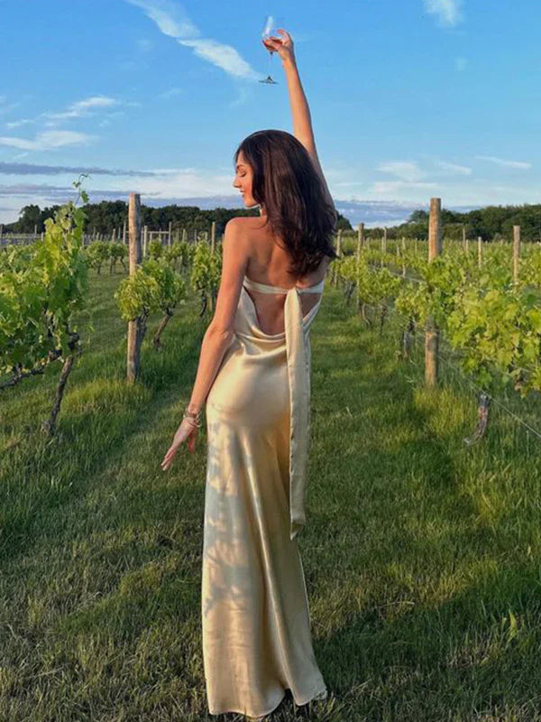 Simple Mermaid Strapless Neckline Long Party Dress Satin Yellow Prom Dresses SD2424