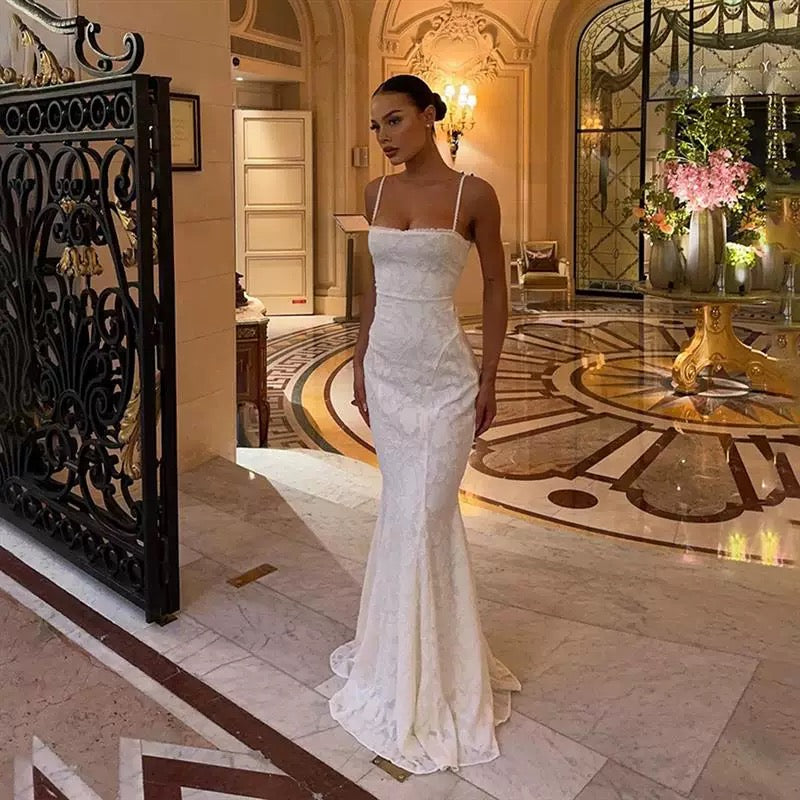 Modest Mermaid Spaghetti Straps Long White Prom Dresses Formal Graduation Party Dress Evening Dress SD2461