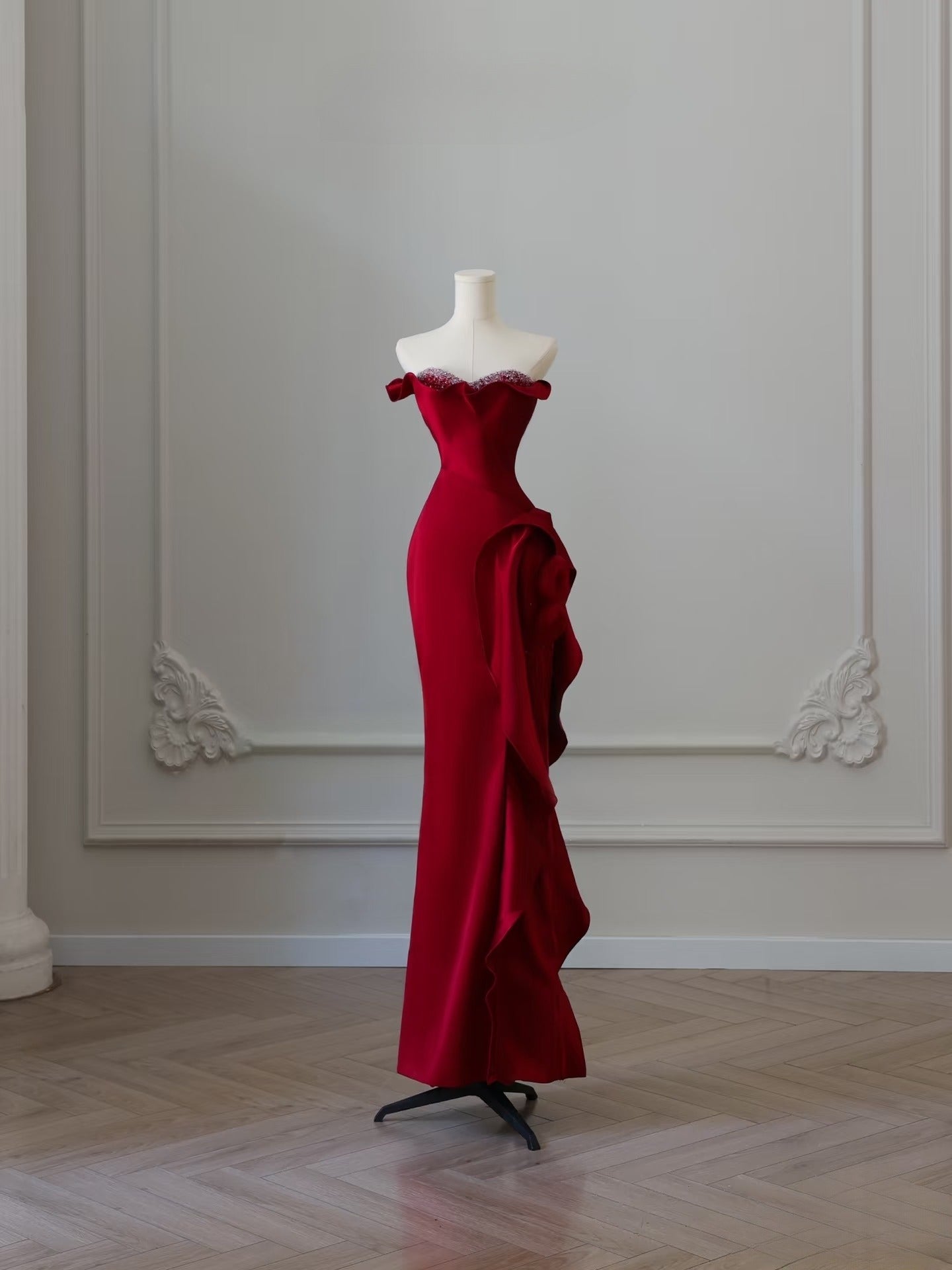 Simple Mermaid Off The Shoulder Neckline Burgundy Sequin Long Party Dress Prom Dresses SD2478