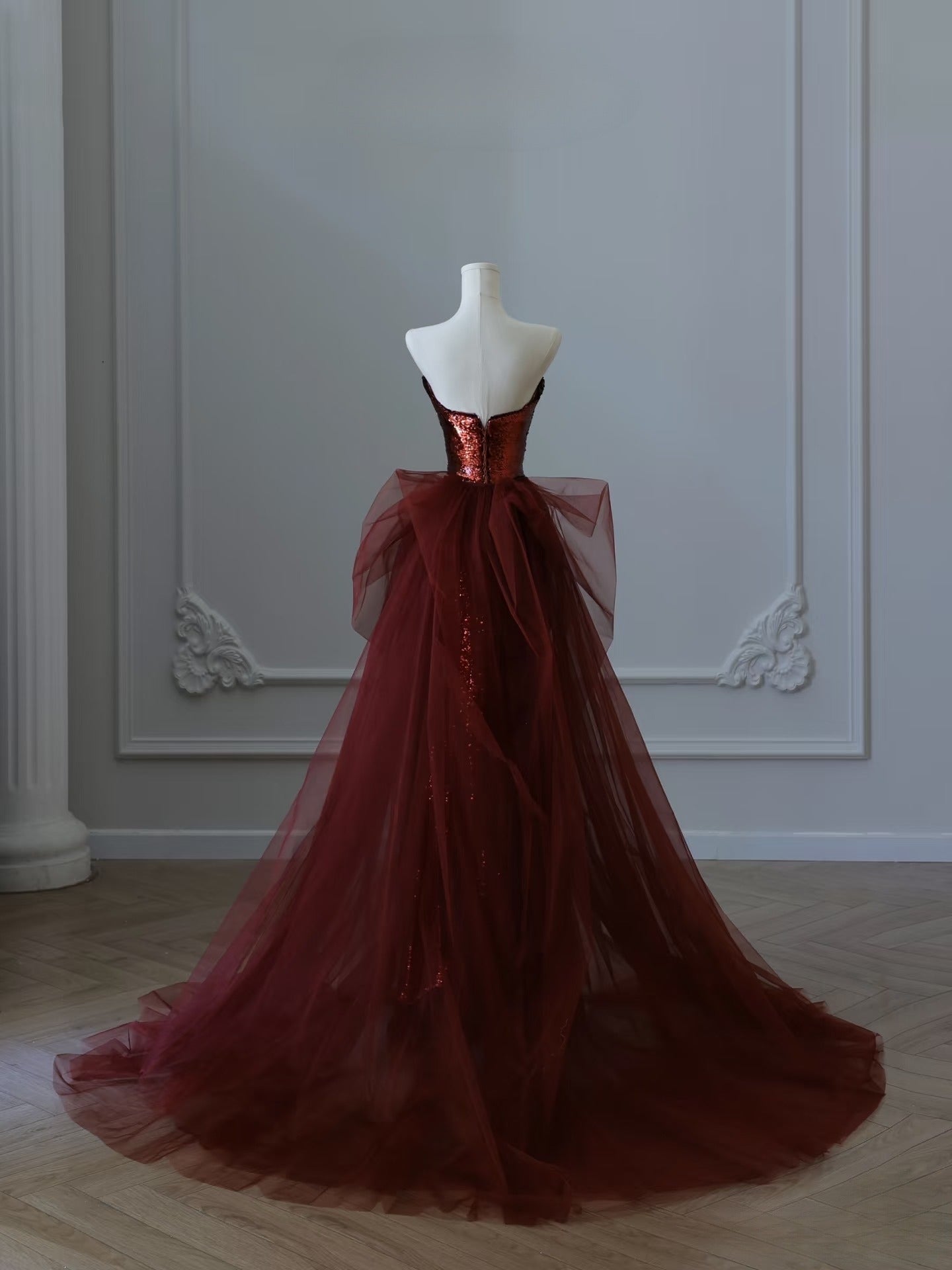 Classy Mermaid Strapless Burgundy Sequin Long Evening Dress Prom Dresses SD2492