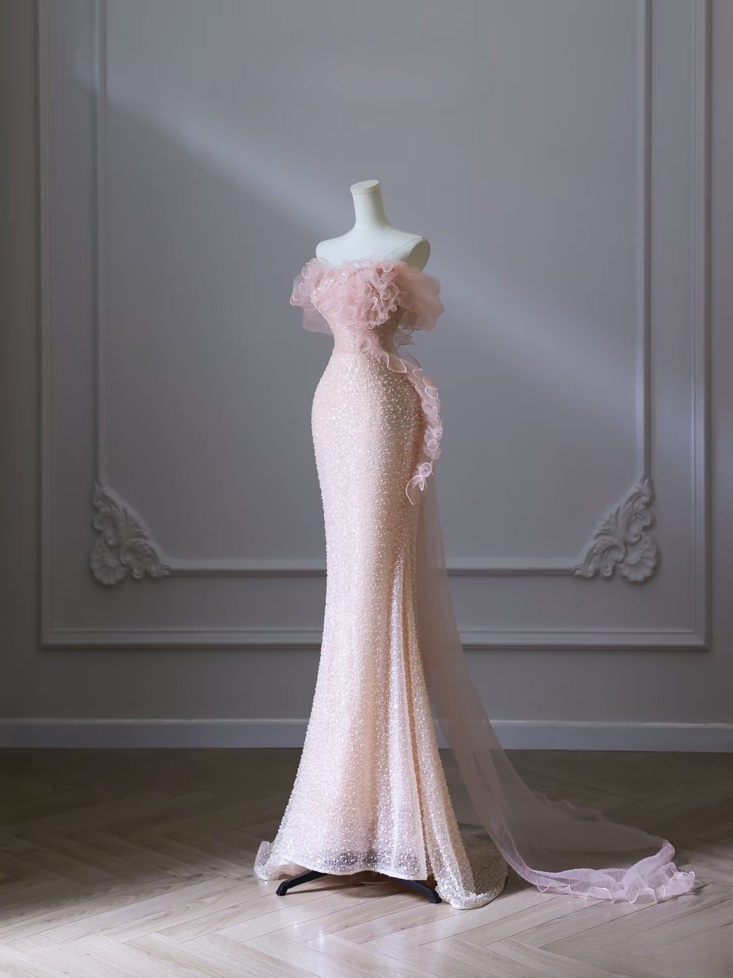 Classy Mermaid Strapless Pink Sequin Long Evening Dress Prom Dresses SD2495