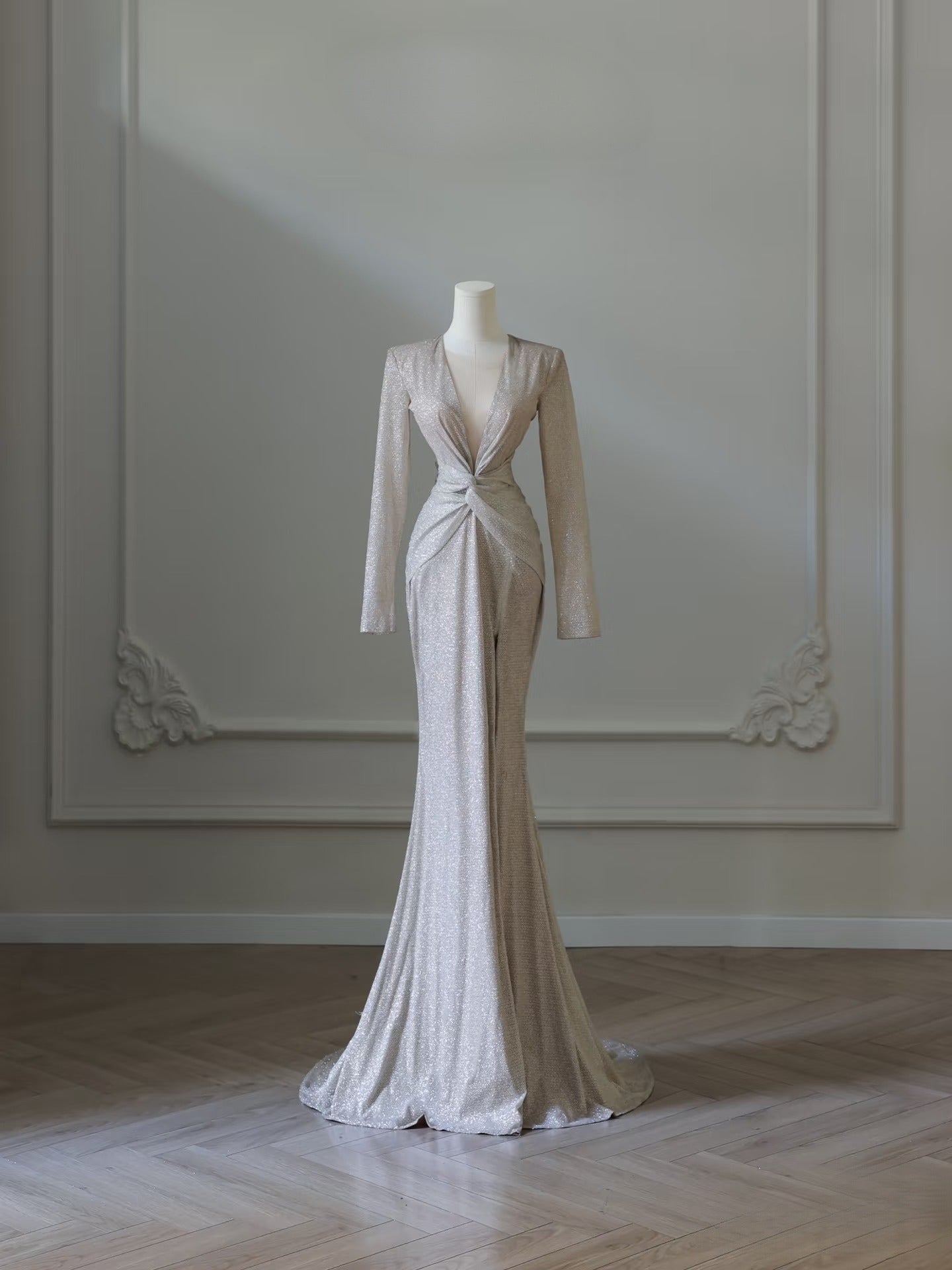 Classy Mermaid V Neckline Long Sleeves Sequin Ruffles Long Evening Dress Prom Dresses SD2499