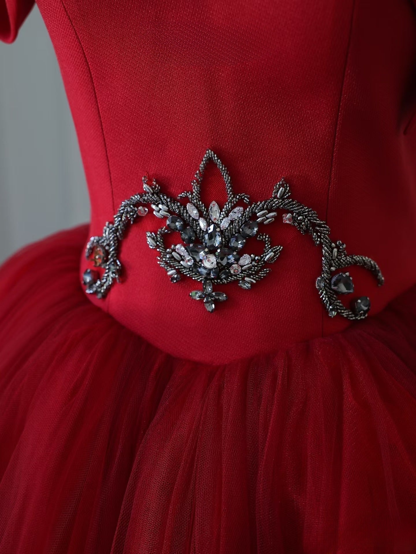 Classy Balll Gown Strapless Red Tulle Long Evening Dress Prom Dresses SD2516