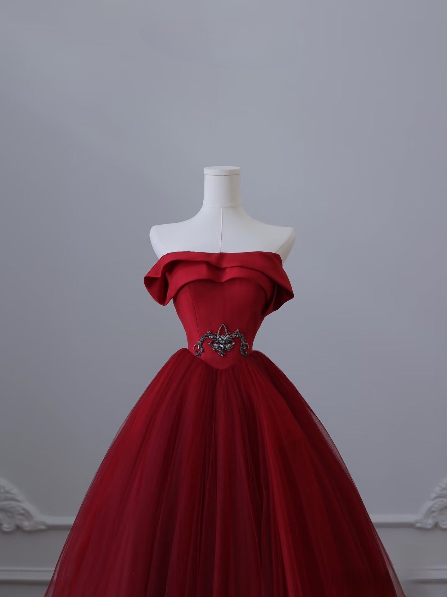 Classy Balll Gown Strapless Red Tulle Long Evening Dress Prom Dresses SD2516