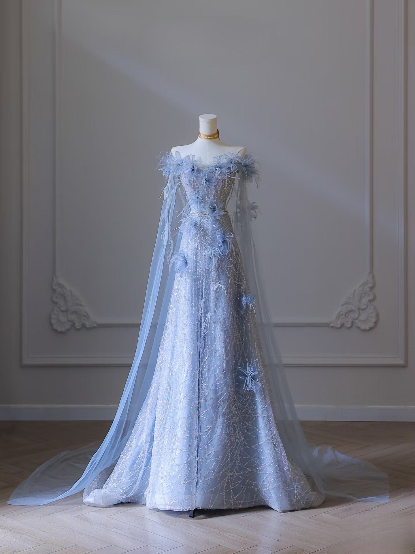 Classy Balll Gown Sweetheart Floral Blue Tulle Long Evening Dress Prom Dresses SD2518