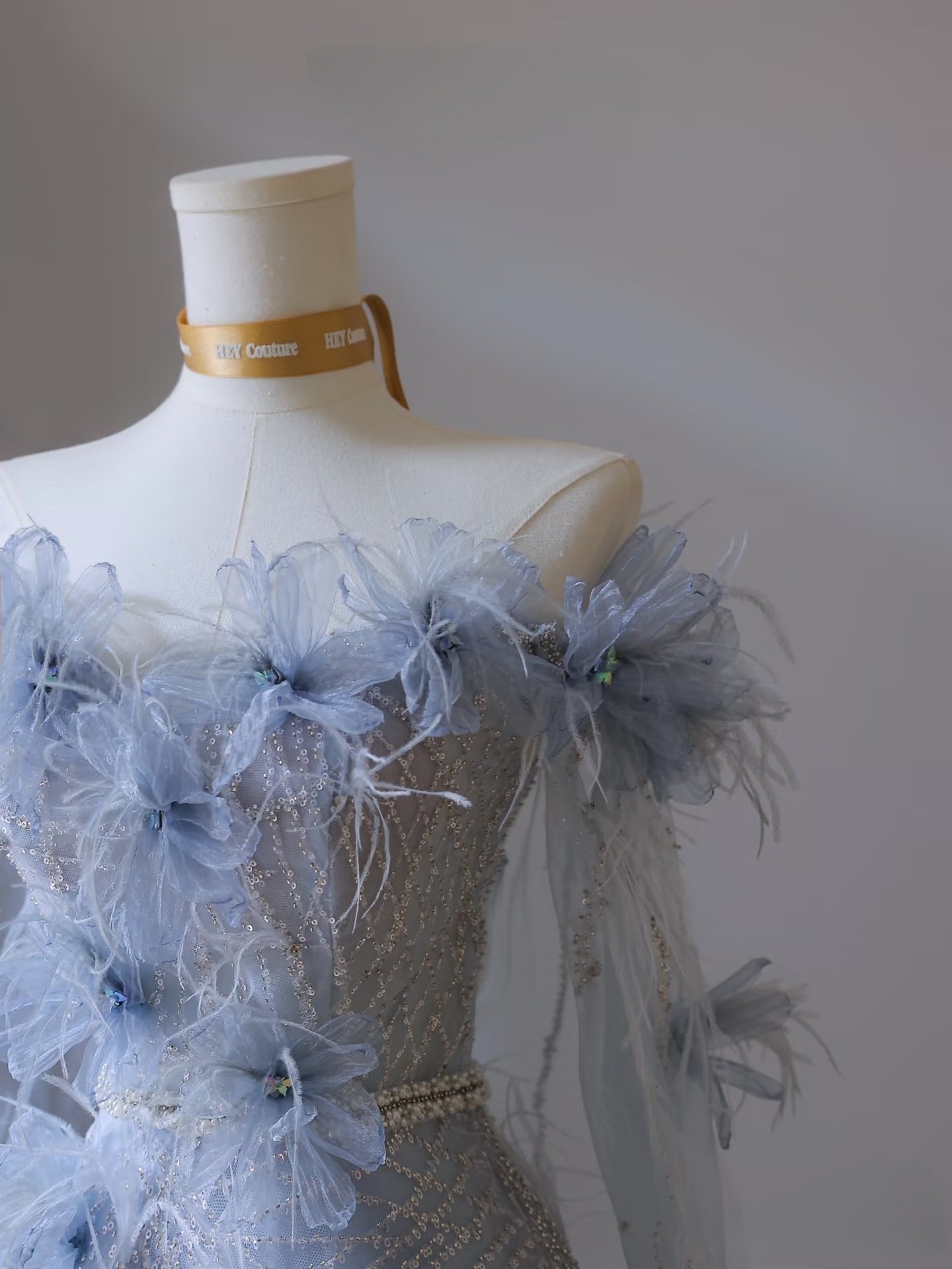 Classy Balll Gown Sweetheart Floral Blue Tulle Long Evening Dress Prom Dresses SD2518