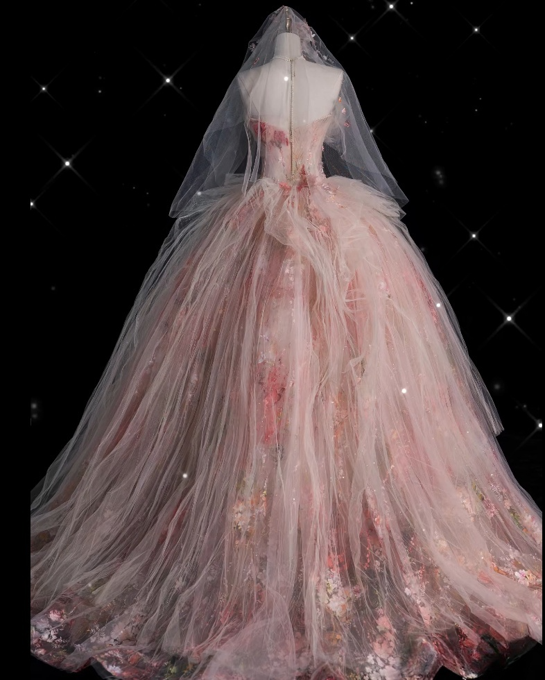 Classy Ball Gown Sweetheart Pink Floral Tulle Long Evening Dress Prom Dresses SD2525